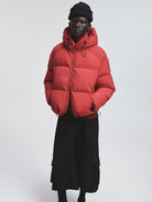 NANS Glossy Hooded Down Puffer in Red - On Model
