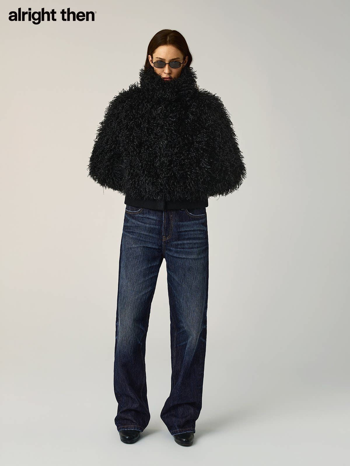 Alright then Faux Mongolian Lamb Fur Jacket in Black - On Model