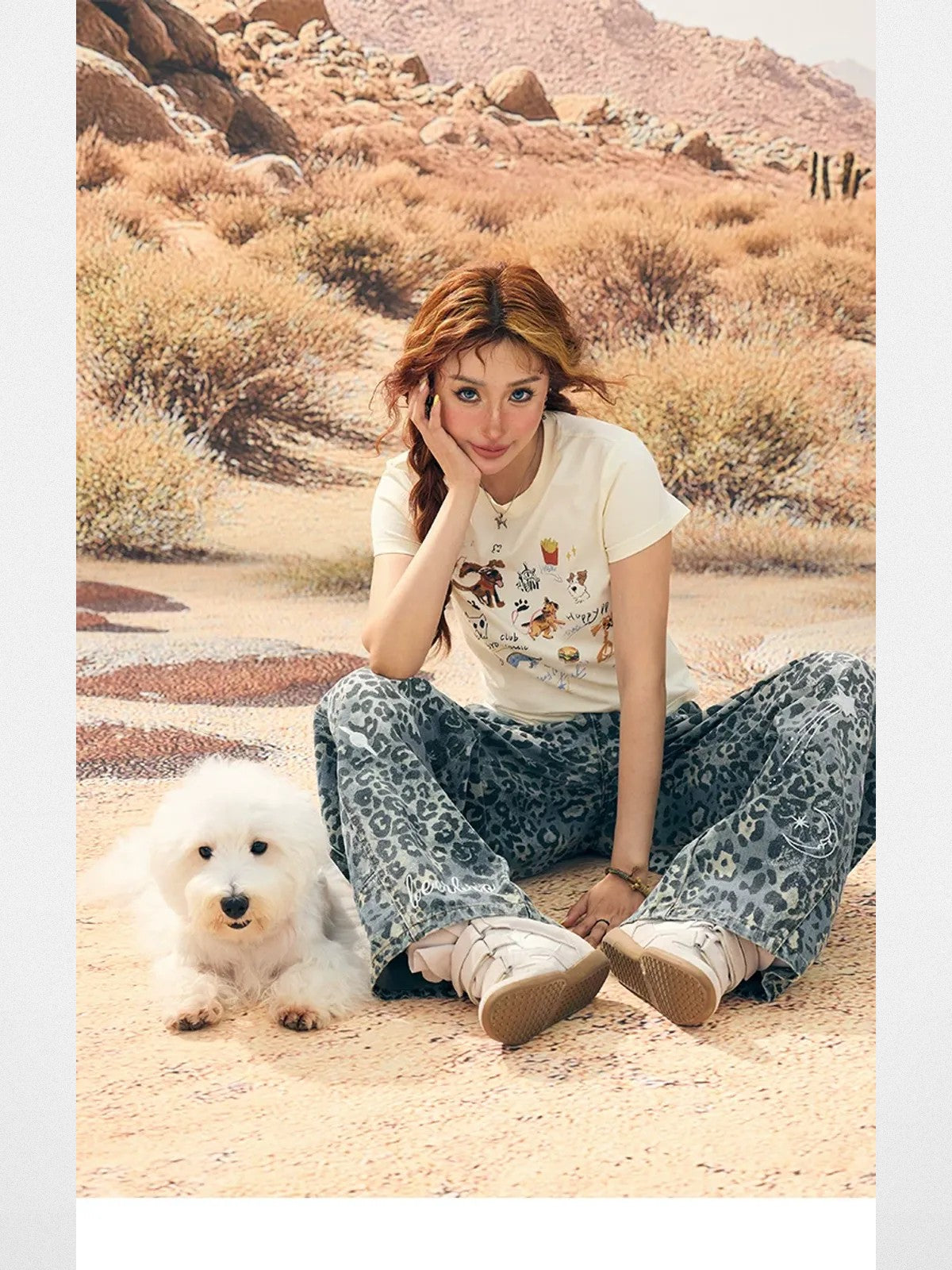 BeerBro Puppy Print Baby Tee in White - On Model