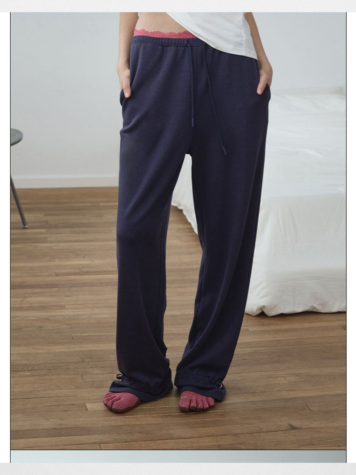 RARELY ALIKE Lace Waist Adjustable Joggers in Navy Blue - On Model