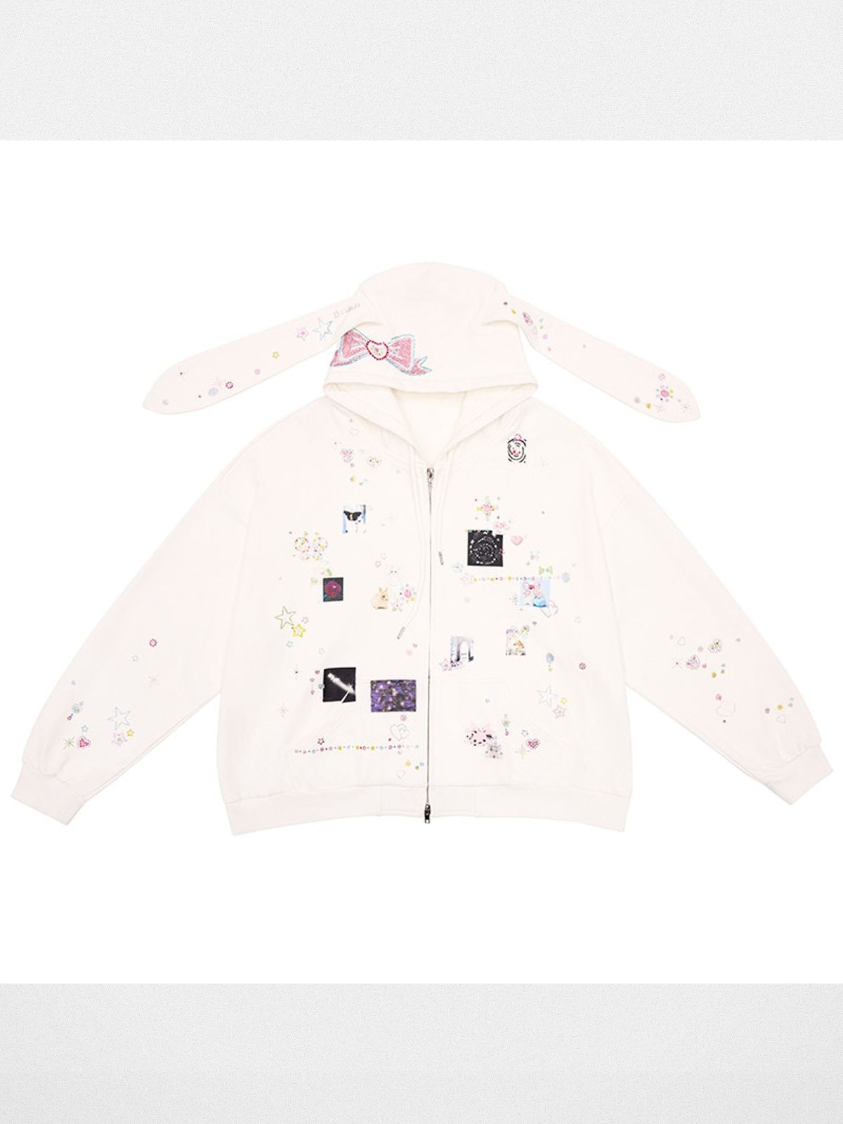 CFIERCE Bunny Ear Rhinestone Zip Hoodie in White
