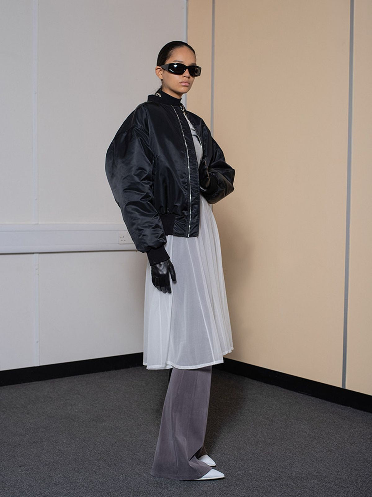 RARELY ALIKE Zip Front Bomber Jacket in Black - On Model