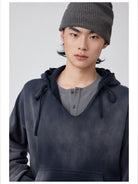 Simple Project Distressed Painted V Neck Hoodie in Navy - On Model