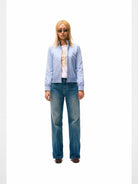 alright then Brushed Cotton Stand Collar Jacket in Sky Blue - On Female Model
