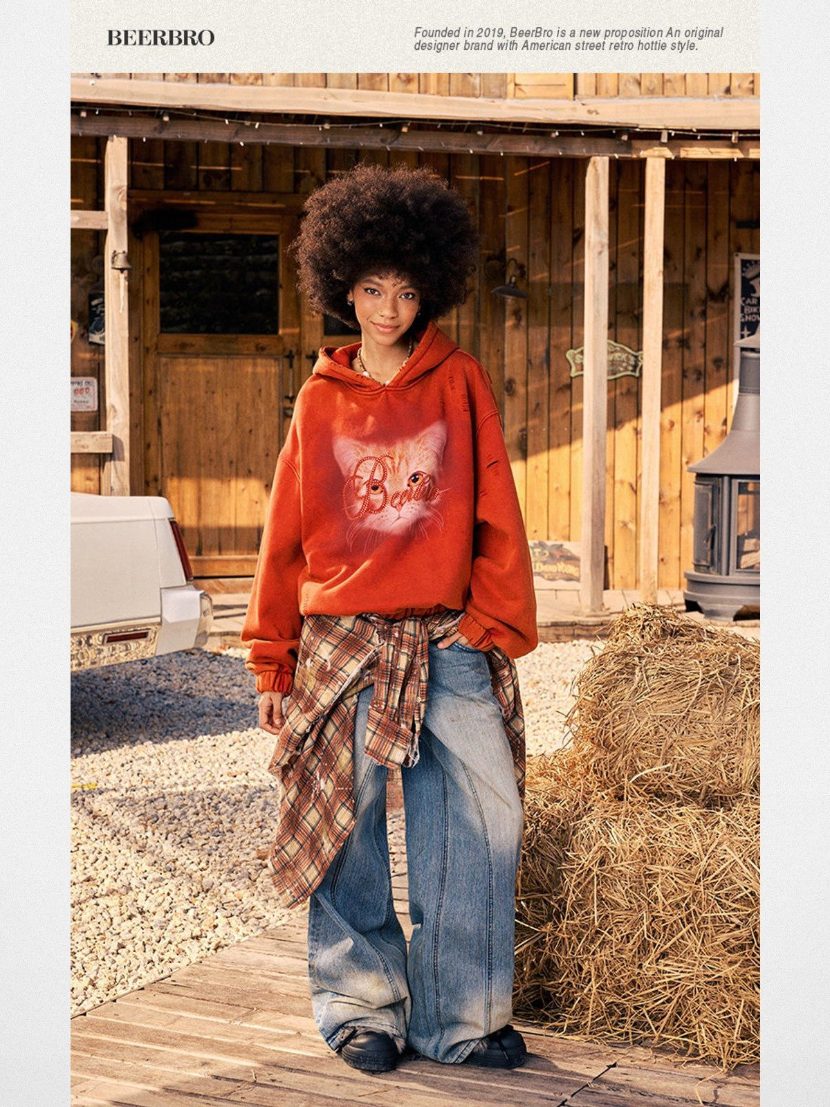 Beer Bro Distressed Cat Graphic Hoodie in Orange - On Model