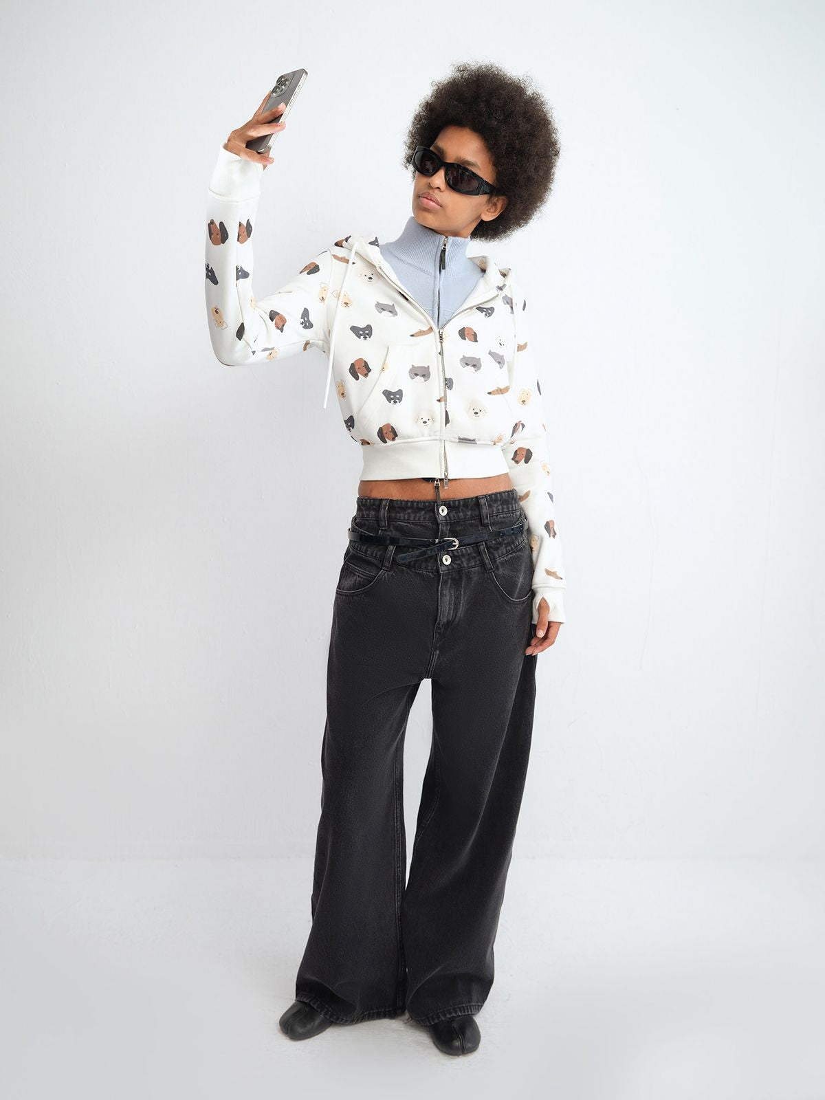 RARELY ALIKE Cat Dog Print Cropped Zip Hoodie in White - On Model