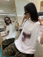 NeverSeez Hazy Puppy Print Cotton T Shirt in White - On Female Model