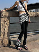 CFIERCE Striped Skirted Flare Trousers in Black - On Model