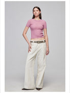Simple Project Crinkled Straight Leg Trousers in White - On Female Model