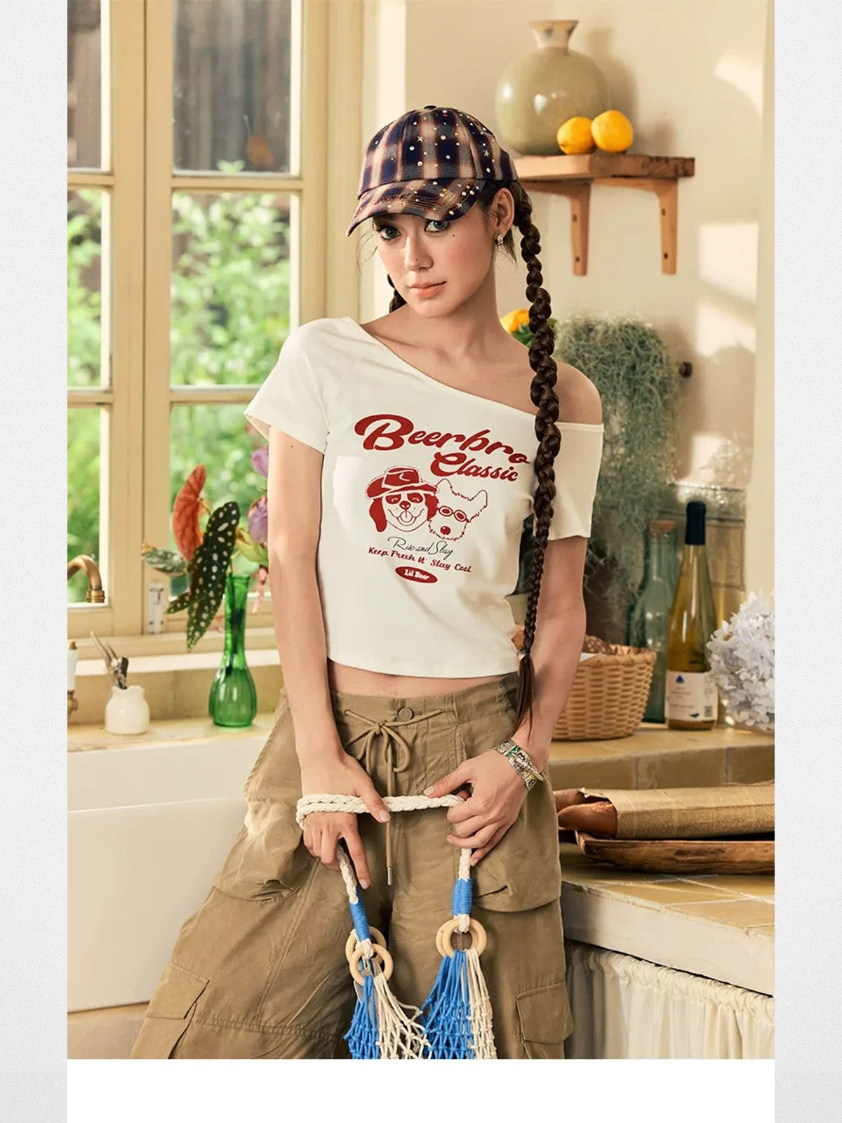 BeerBro Asymmetrical Graphic Baby Tee in White - On Model