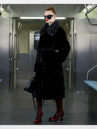 CFIERCE Belted Contrast Faux Fur Coat in Black - On Female Model