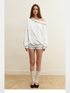 PUKI Twisted Trim Off Shoulder Sweatshirt in White - On Model