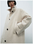 RandomPiece Wool Camel Hair Stand Collar Coat in White - On Model