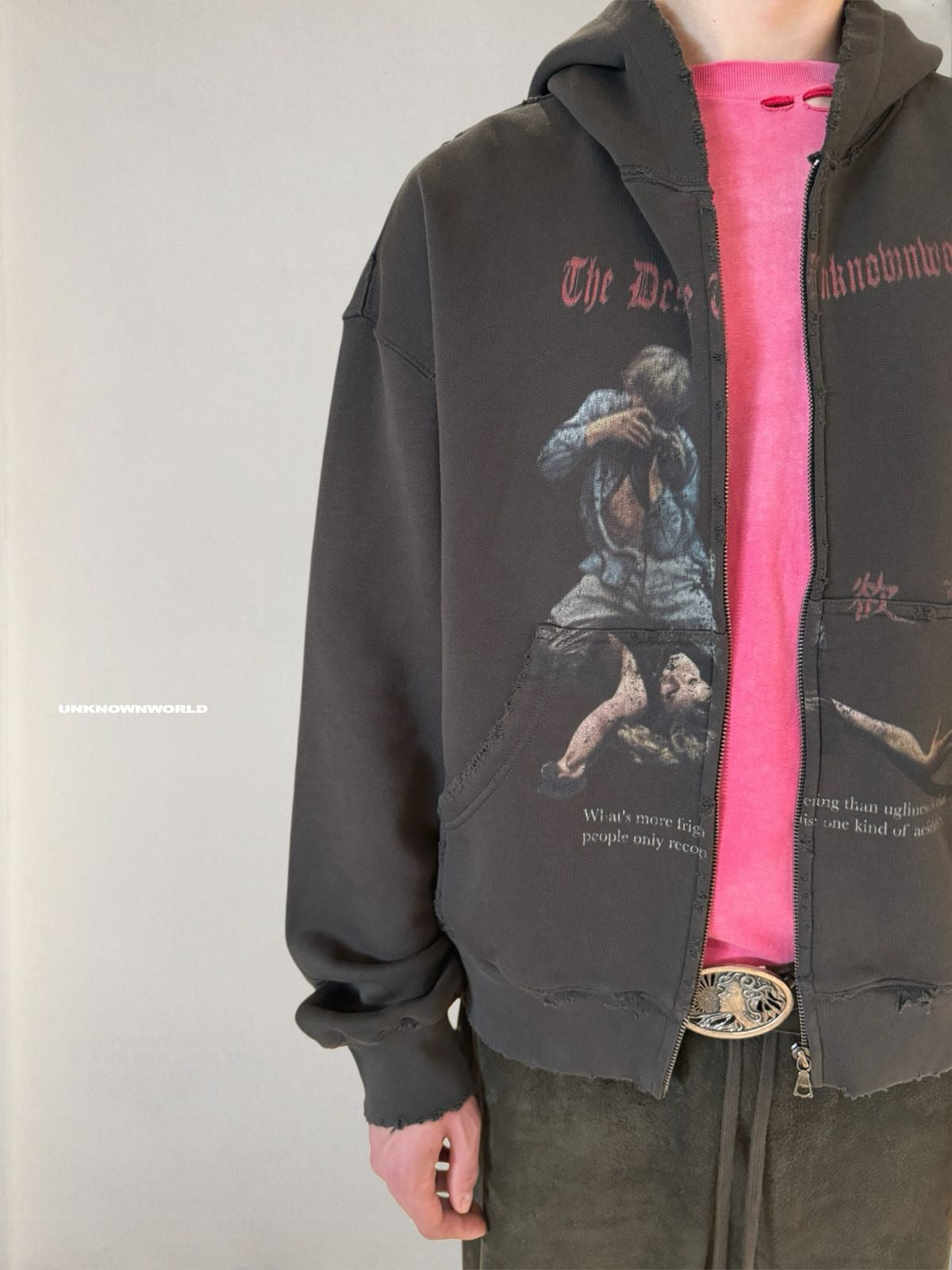 UNKNOWNWORLD Distressed Graphic Zip Up Hoodie in Gray - On Model