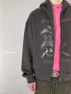 UNKNOWNWORLD Distressed Graphic Zip Up Hoodie in Gray - On Model