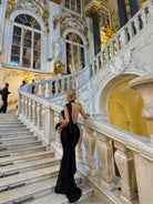 1S STUDIO Mesh Cutout Ruffle Halter Dress in Black - On Model