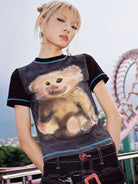CFIERCE Little Bear Print Contrast Stitch Tee in Black - On Model