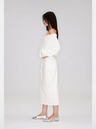 RARELY ALIKE Side Slit Cotton Sweatshirt Skirt in White - On Model
