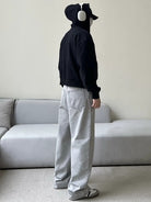 VLABMADE Washed Floor Length Wide Leg Jeans in Gray - On Model