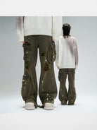 LOSTCTRL Distressed Multi Pocket Cargo Pants in Green - On Model