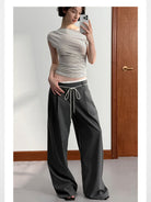 PUKI Double Waistband Suit Pants in Gray - On Model