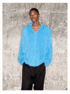 TRIANGLE PROJECT Faux Mink Zip Up Hooded Jacket in Sky Blue - On Model