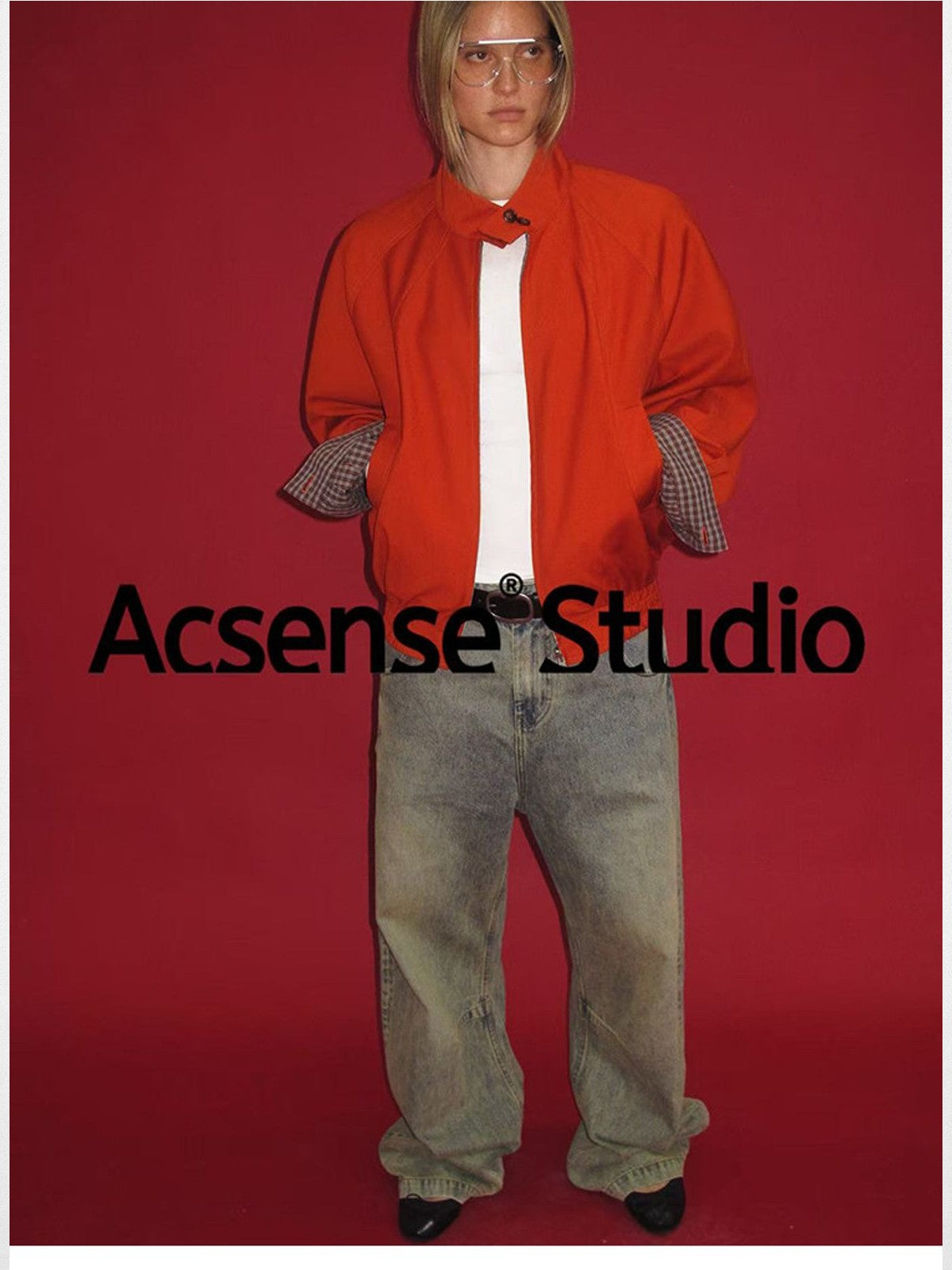 ACSENSE STUDIO Reversible Stand Collar Jacket in Orange - On Model