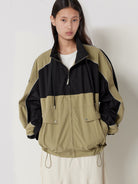 RandomPiece Color Block Stand Collar Jacket in Beige - On Model
