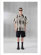 NANS Ink Splash Print Cuban Collar Shirt in Black - On Model