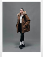 NANS Goose Down Parka with Fur Collar in Brown - On Female Model