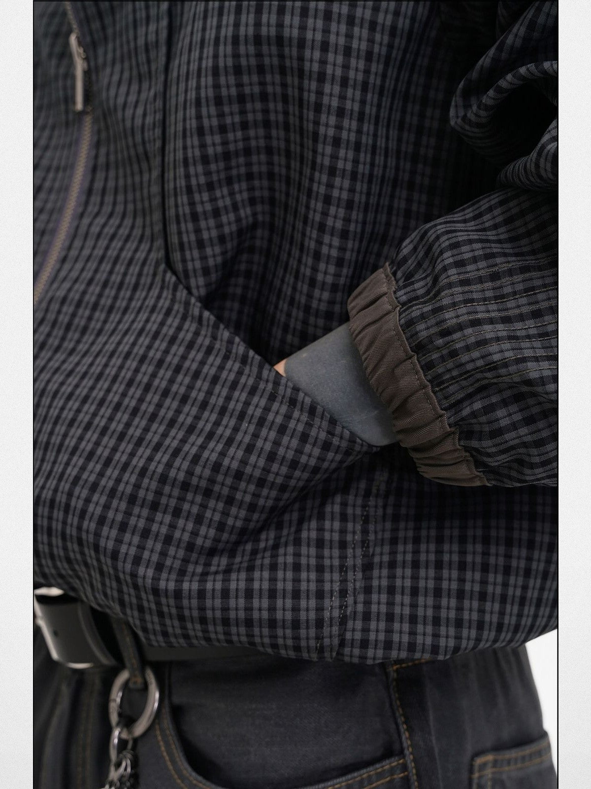 MasonPrince Reversible Plaid Cotton Coach Jacket in Gray - On Model