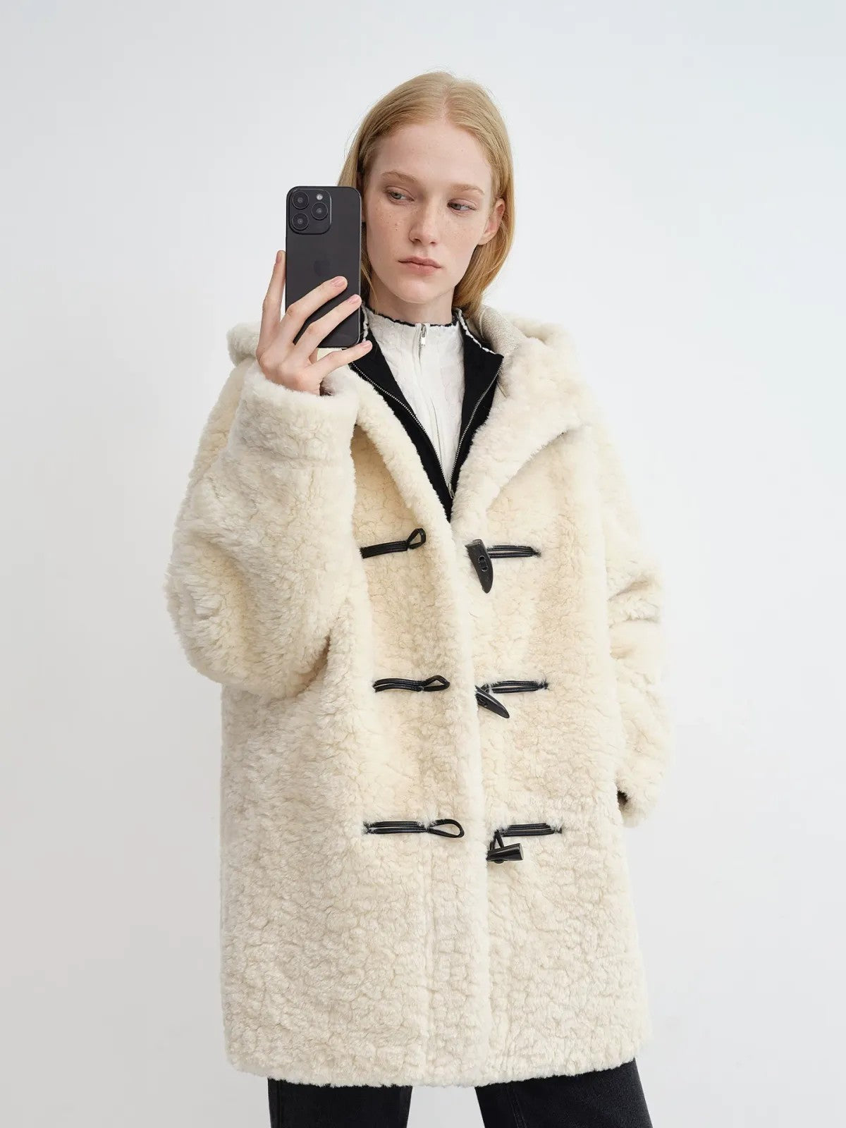 RARELY ALIKE Hooded Faux Shearling Duffle Coat in White - On Model