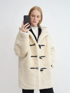 RARELY ALIKE Hooded Faux Shearling Duffle Coat in White - On Model