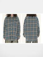 LOSTCTRL Raw Hem Plaid Shirt in Blue - On Model