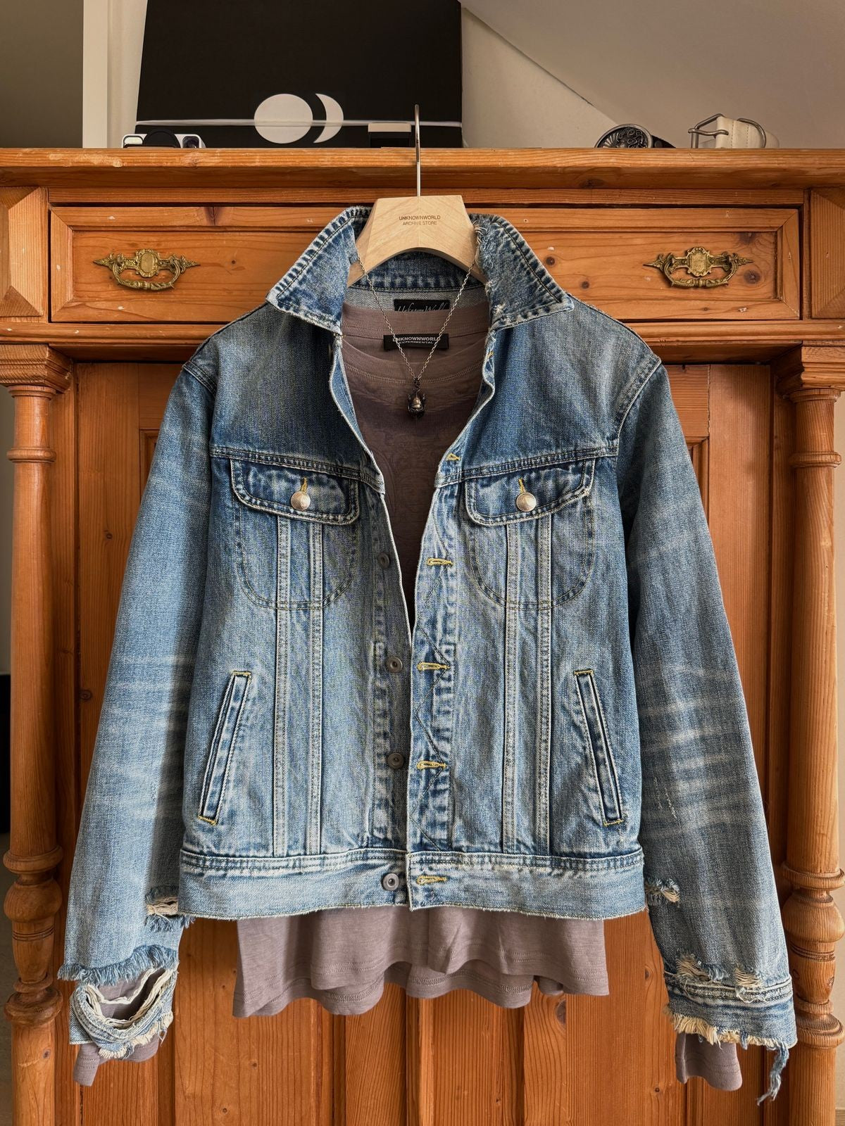 UNKNOWNWORLD Heavy Distressed Denim Jacket in Blue - Lifestyle