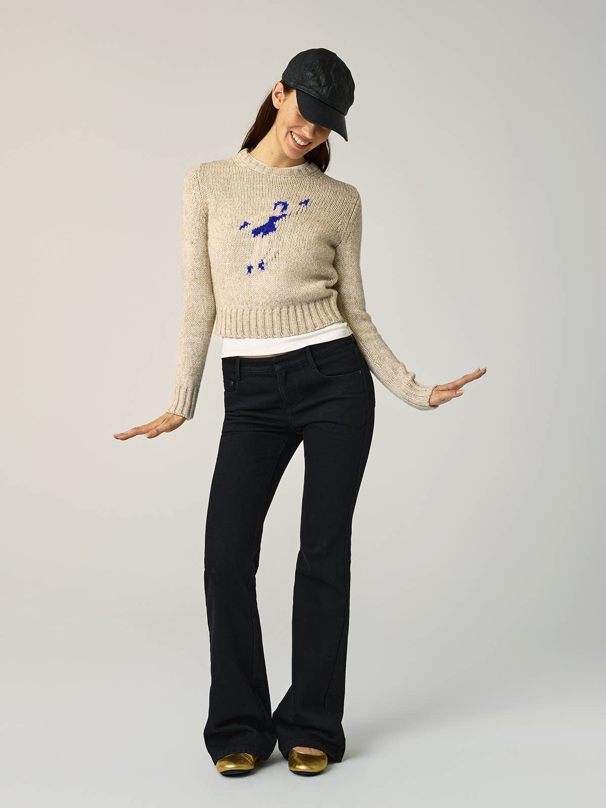 Alright then Dancing Figure Jacquard Sweater in Apricot - On Model