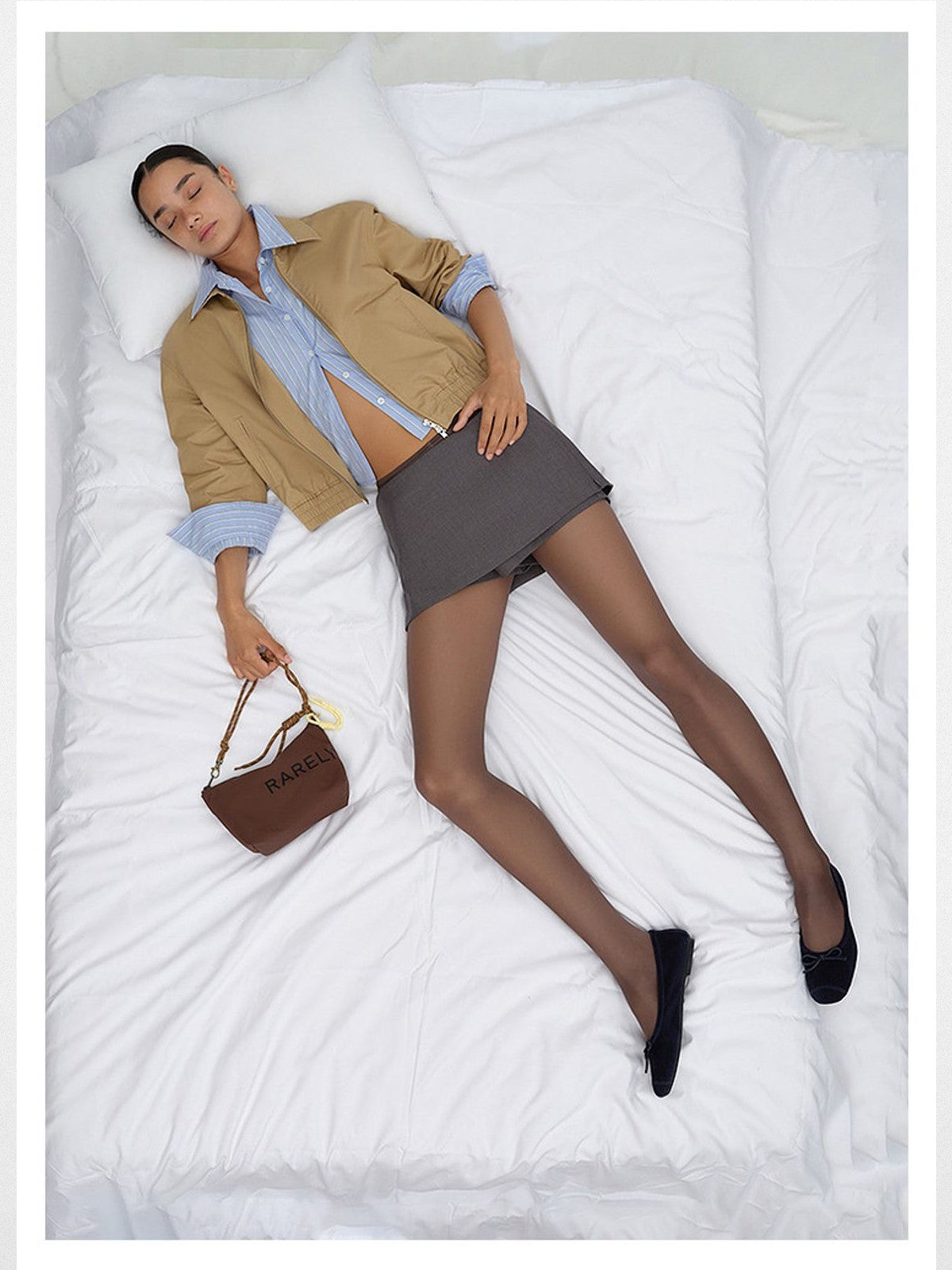 RARELY ALIKE Faux Two Piece Striped Collar Jacket in Beige - On Model