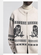 NANS Alpaca Blend Animal Jacquard Cardigan in White - On Model