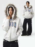 MEDM Horsehair Patch Fur Hood Jacket in Gray - On Female Model