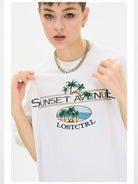 LOSTCTRL Palm Tree Embroidered Cotton Tee in White - On Model