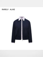 RARELY ALIKE Faux Layered Striped Collar Jacket in Navy Blue