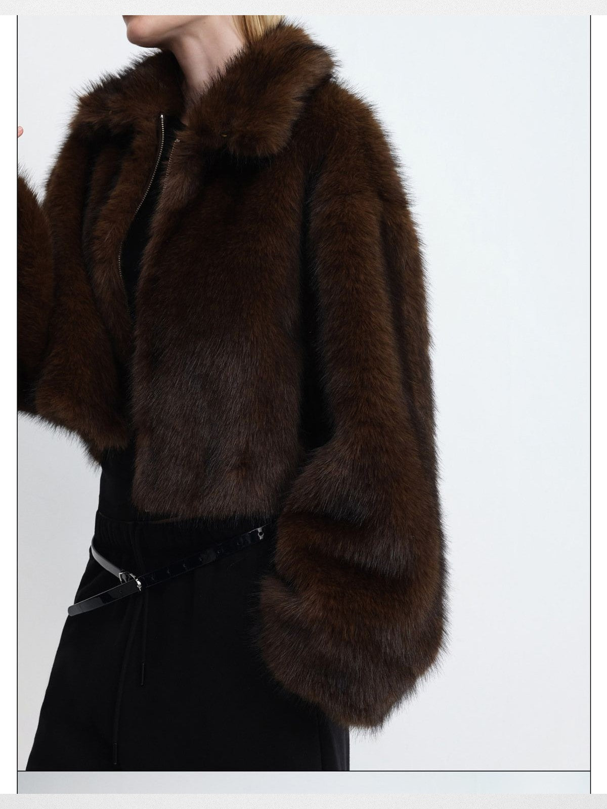RARELY ALIKE Short Faux Fur Zip Jacket in Brown - On Model