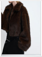 RARELY ALIKE Short Faux Fur Zip Jacket in Brown - On Model
