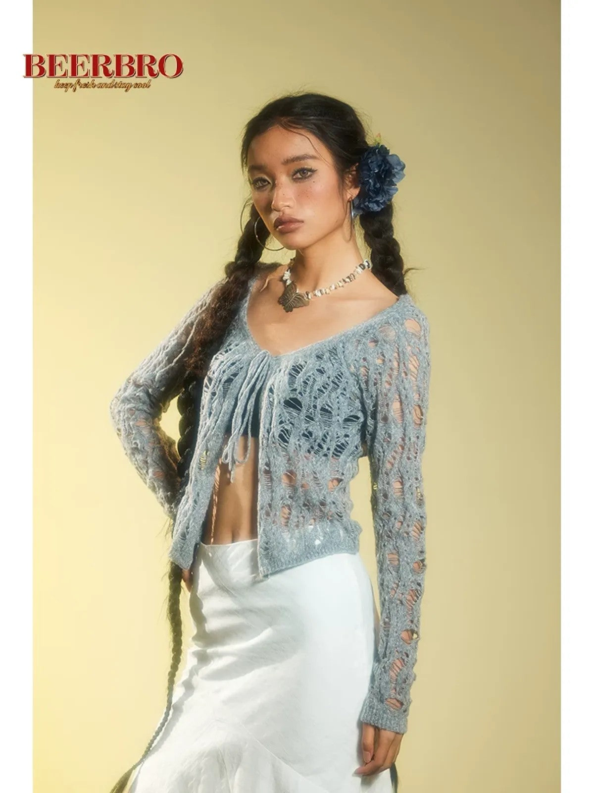 BeerBro Tie Front Distressed Knit Cardigan in Sky Blue - On Model