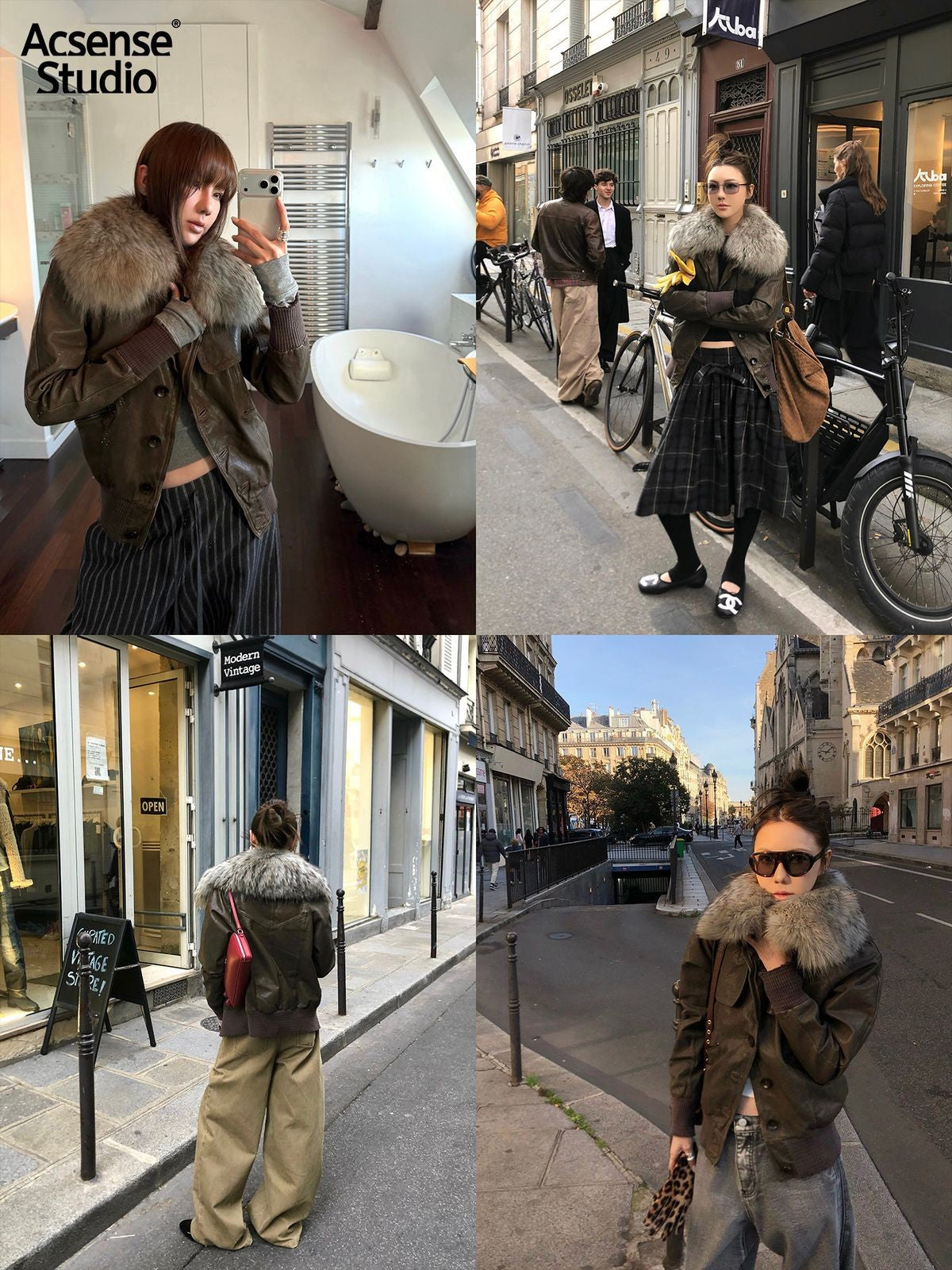 ACSENSE STUDIO Lambskin Jacket with Detachable Fur in Green - On Model