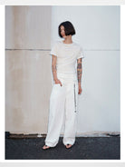 RandomPiece Asymmetric Ruched Silk Blend Tee in Gray - On Model