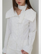 THELIGHT OFFICIAL Striped Dotted Shirt with Neck Scarf in White - On Model