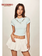 BeerBro Faux Seashell Necklace Tee in Sky Blue - On Model