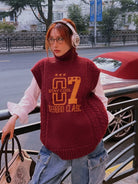 BeerBro Graphic Cable Knit Turtleneck Vest in Burgundy - On Model