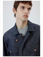 Simple Project Ramie Blend Selvedge Denim Jacket in Blue - On Model